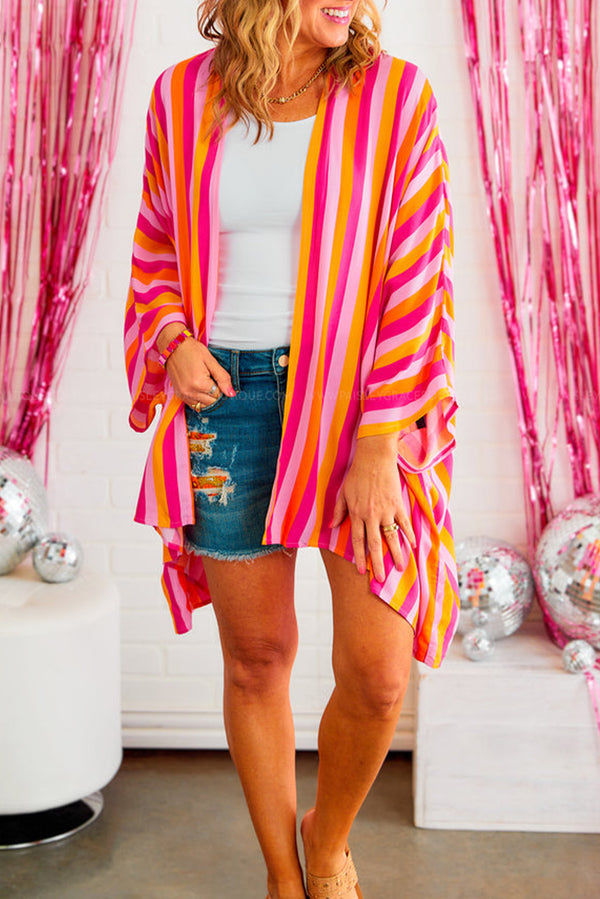 Stripe Wide Sleeve Open Front Kimono-Lastshoppingexit