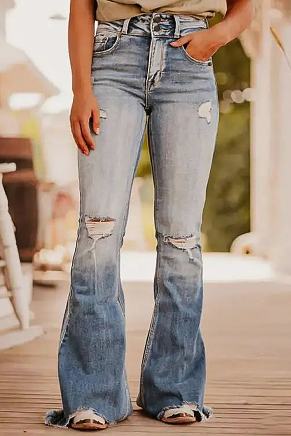 Vintage Light Wash Ripped Raw Edge Flare-Lastshoppingexit