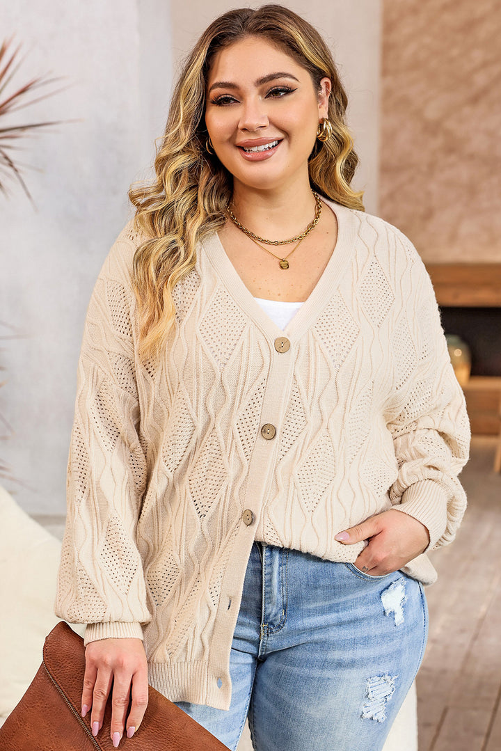 Apricot Plus Size Knitted Hollow out Button up Cardigan-Lastshoppingexit