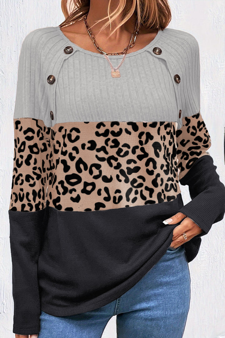 Cheetah Textured Patchwork Buttoned Round Neck-Lastshoppingexit