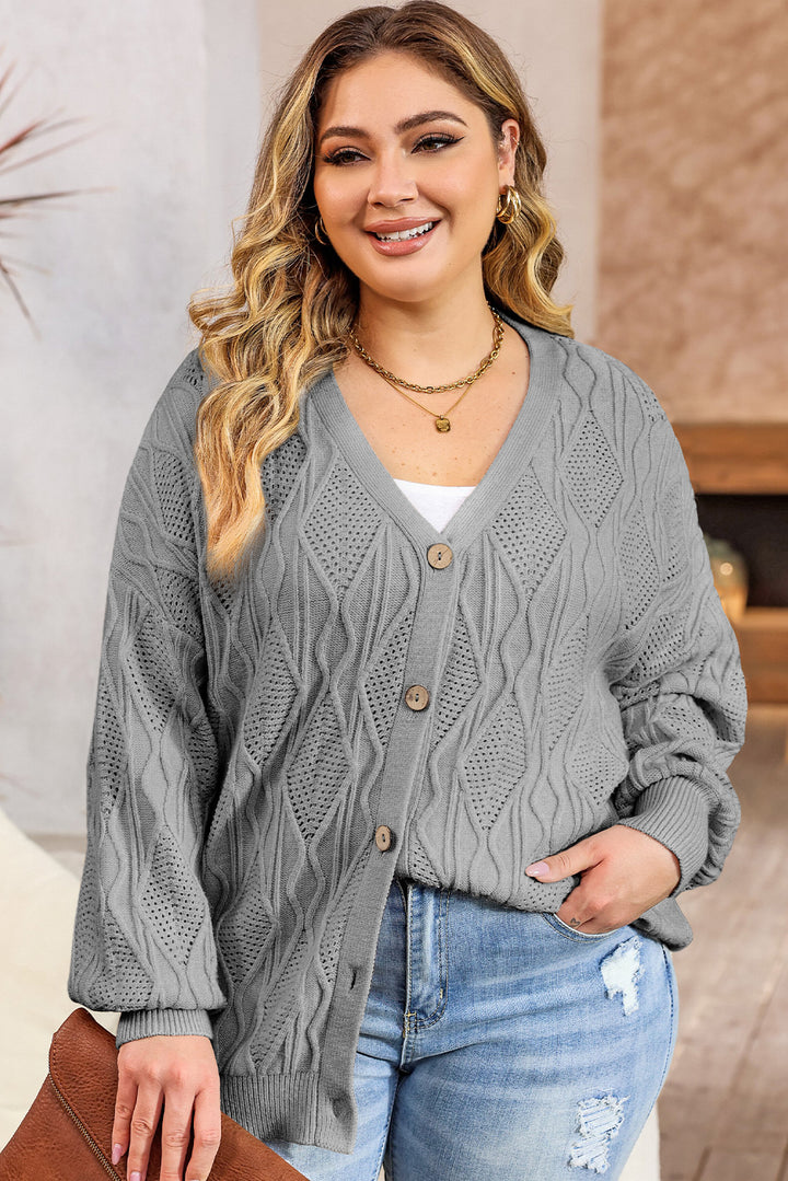 Apricot Plus Size Knitted Hollow out Button up Cardigan-Lastshoppingexit