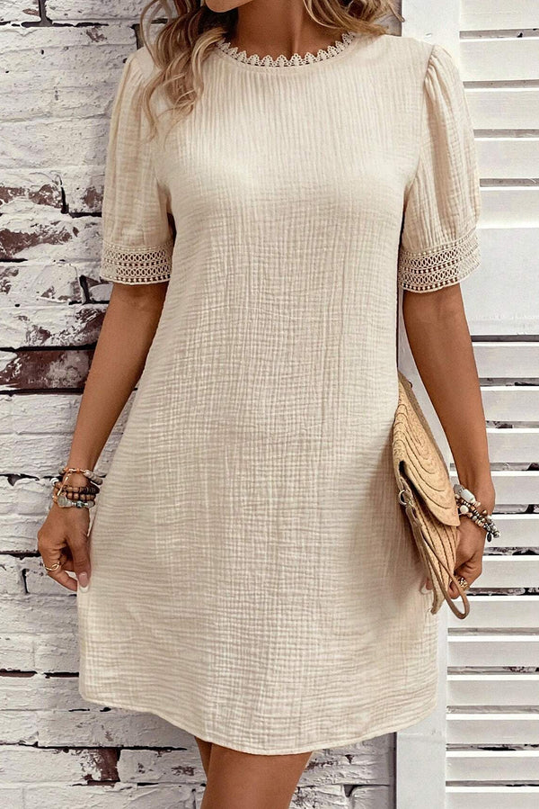 Beige Crinkle Lace Trim Puff Sleeve Shift Mini Dress-Lastshoppingexit