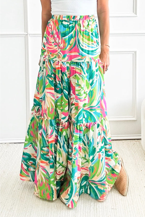 Abstract Printed High Waist Tiered Maxi Skirt-Lastshoppingexit