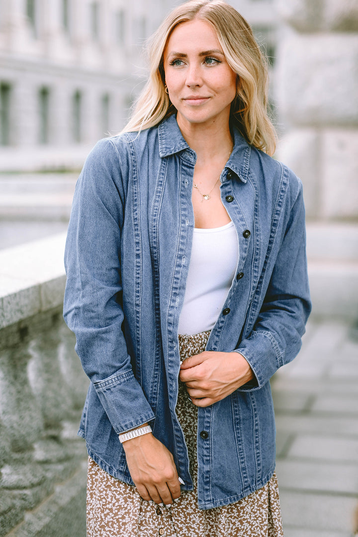 Button-up Long Sleeve Denim Shirt Jacket-Lastshoppingexit