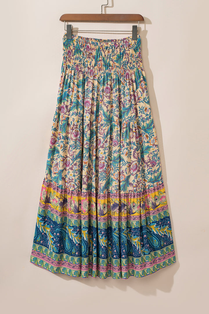 Floral & Paisley Print Shirred Waist Long Skirt-Lastshoppingexit