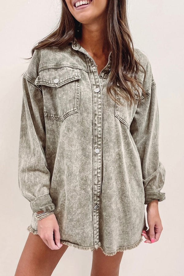 Acid Wash Flap Pocket Raw Hem Tunic Denim Jacket-Lastshoppingexit