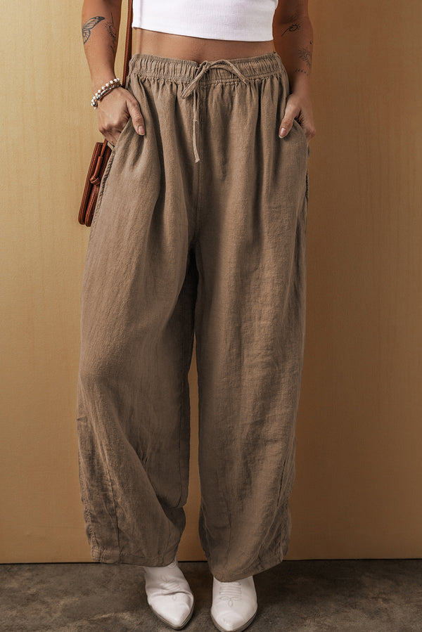 Palm Cotton Linen Drawstring Waist Wide Leg Pants-Lastshoppingexit