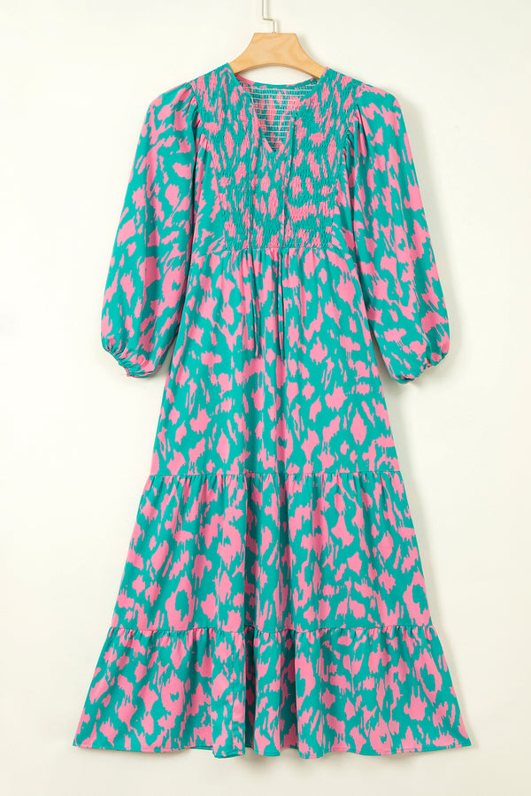 Abstract Print Puff Sleeve Tied Notched Neck Long Dress-Lastshoppingexit