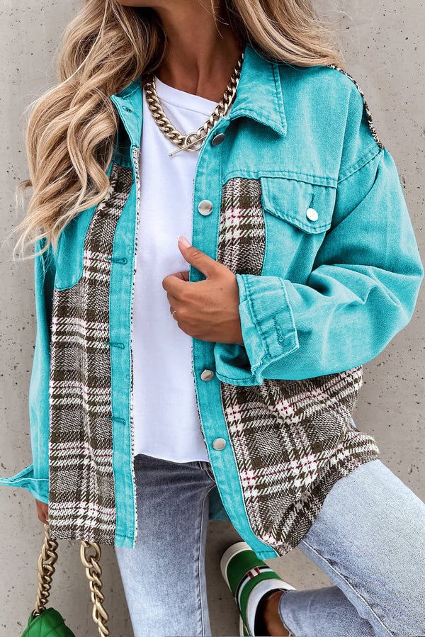 Plaid Patchwork Pockets Denim Jacket-Lastshoppingexit