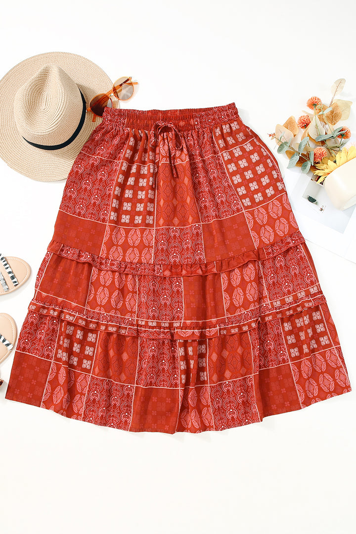 Bohemian Mix Print Long Flared Skirt-Lastshoppingexit