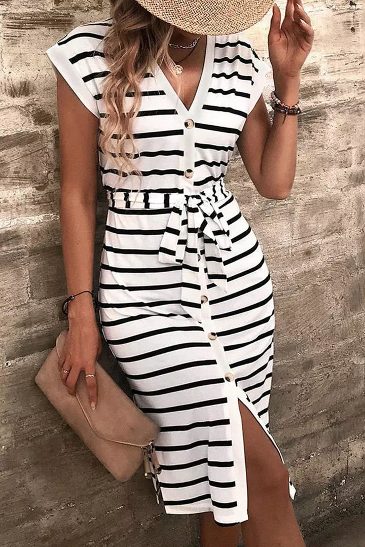 Striped Button Slit Tie V-Neck Midi Dress-Lastshoppingexit