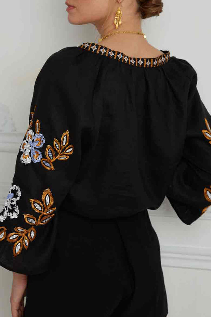 Bohemian Floral Embroidered V Neck Blouse-Lastshoppingexit