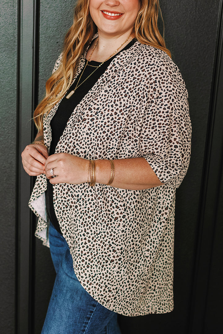 Plus Size Leopard Print Half Sleeve Open Front Cardigan-Lastshoppingexit