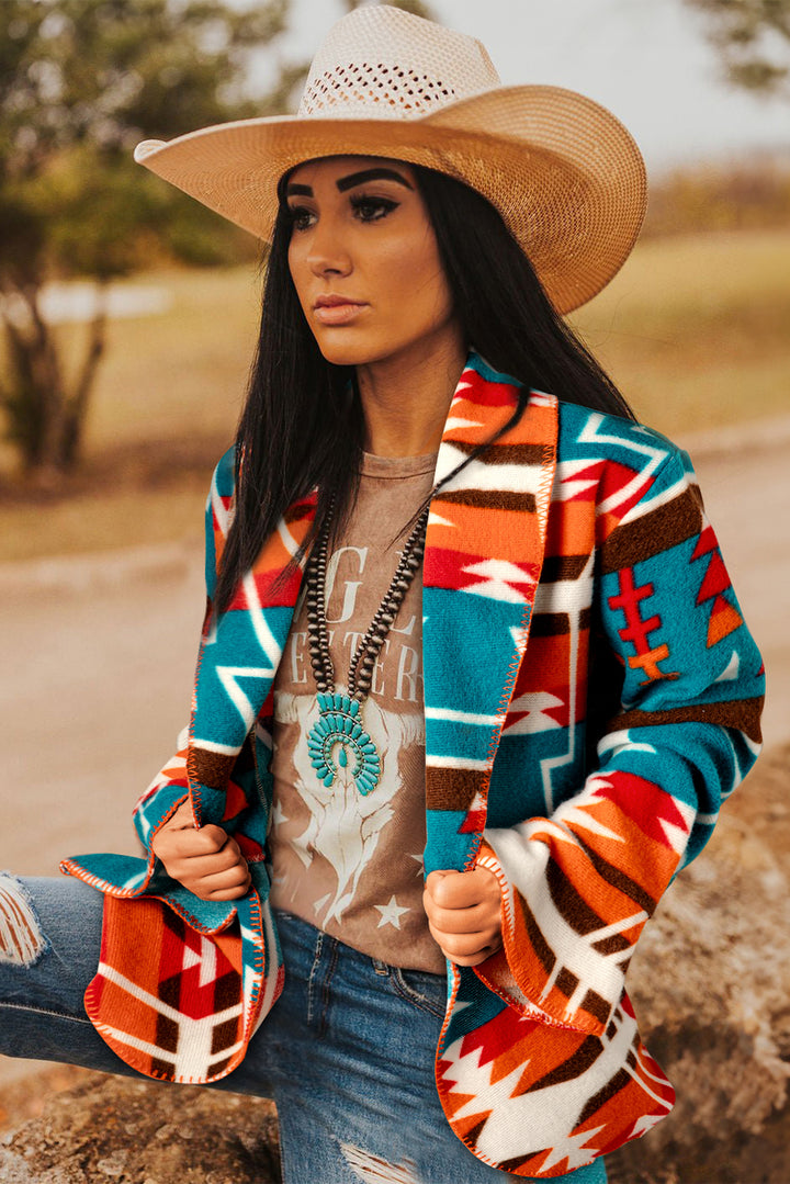 Aztec Printed Lapel Bell Sleeve Jacket-LASTSHOPPINGEXIT