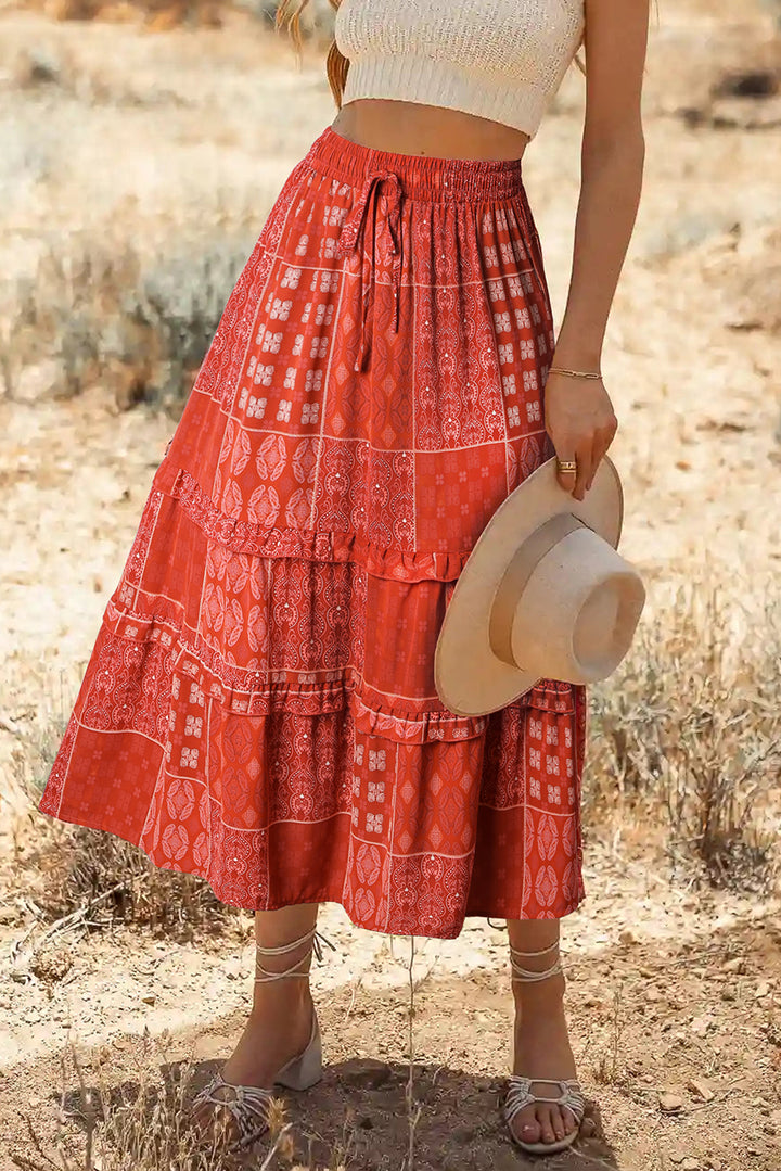 Bohemian Mix Print Long Flared Skirt-Lastshoppingexit